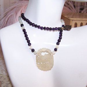 China Silver Amethyst and Jade Bead Necklace with Carved Drop Pendant